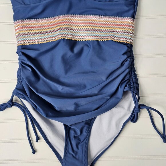 Women's Blue Plunge Neck Tummy Control Modest One Piece Swimsuit Size S NWTF - Picture 4 of 14